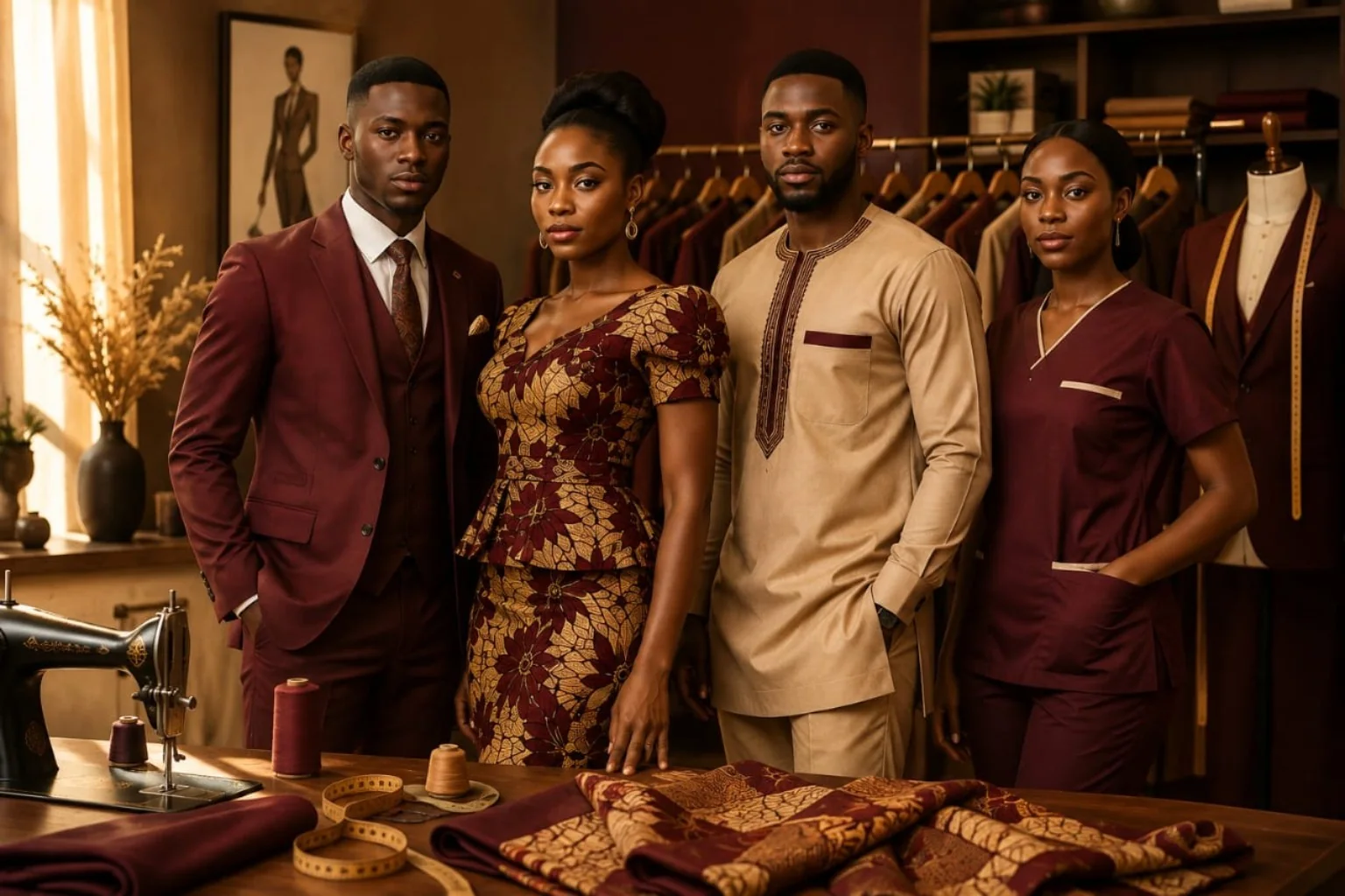 GERS models presenting formal and African-inspired clothing in the studio