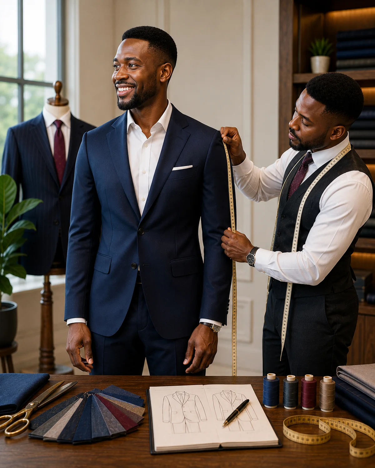 A tailor measuring a client for a custom navy suit