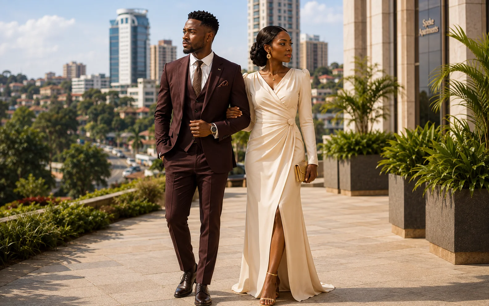 A couple wearing an elegant burgundy suit and cream formal dress