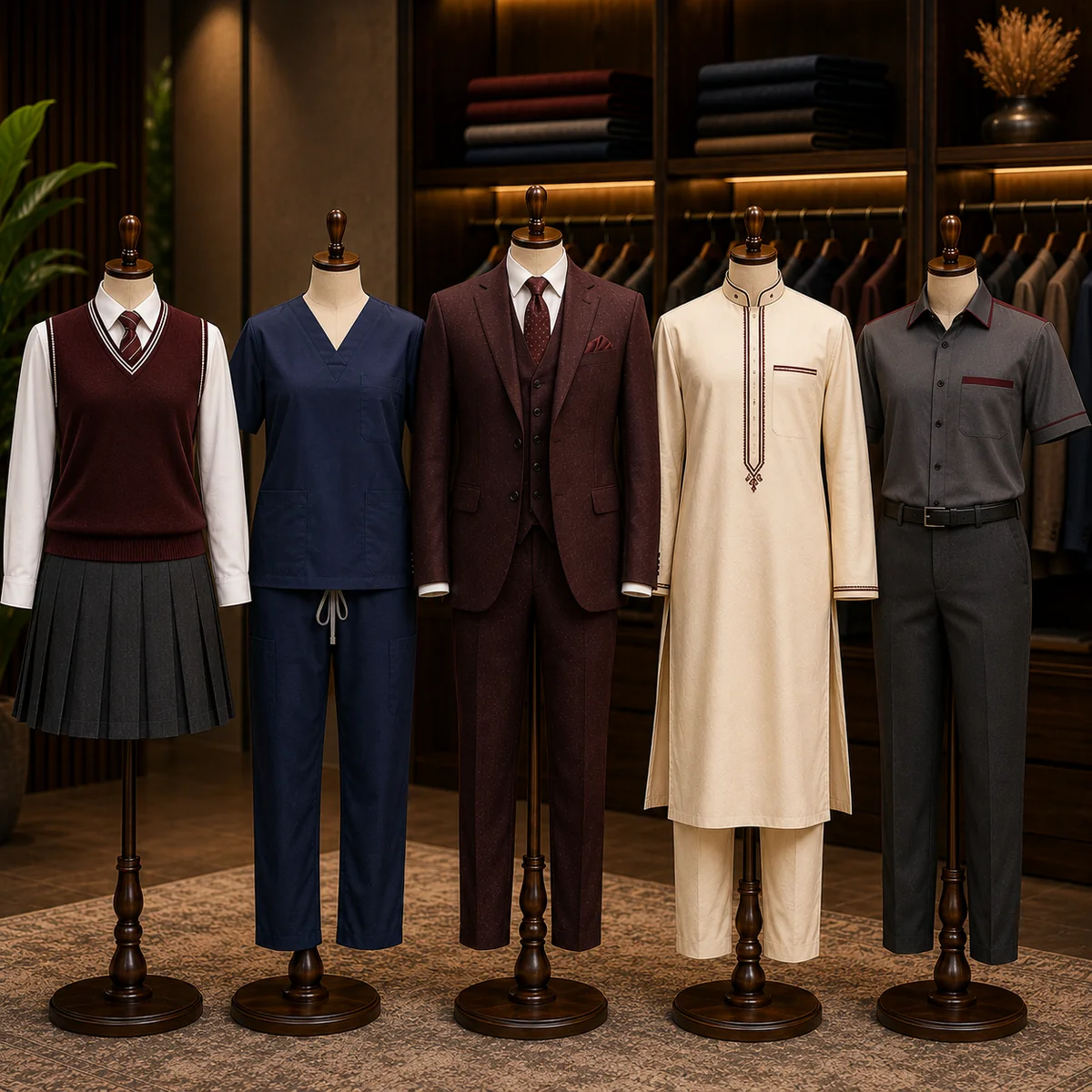 School, medical, formal, traditional, and corporate garments displayed on mannequins