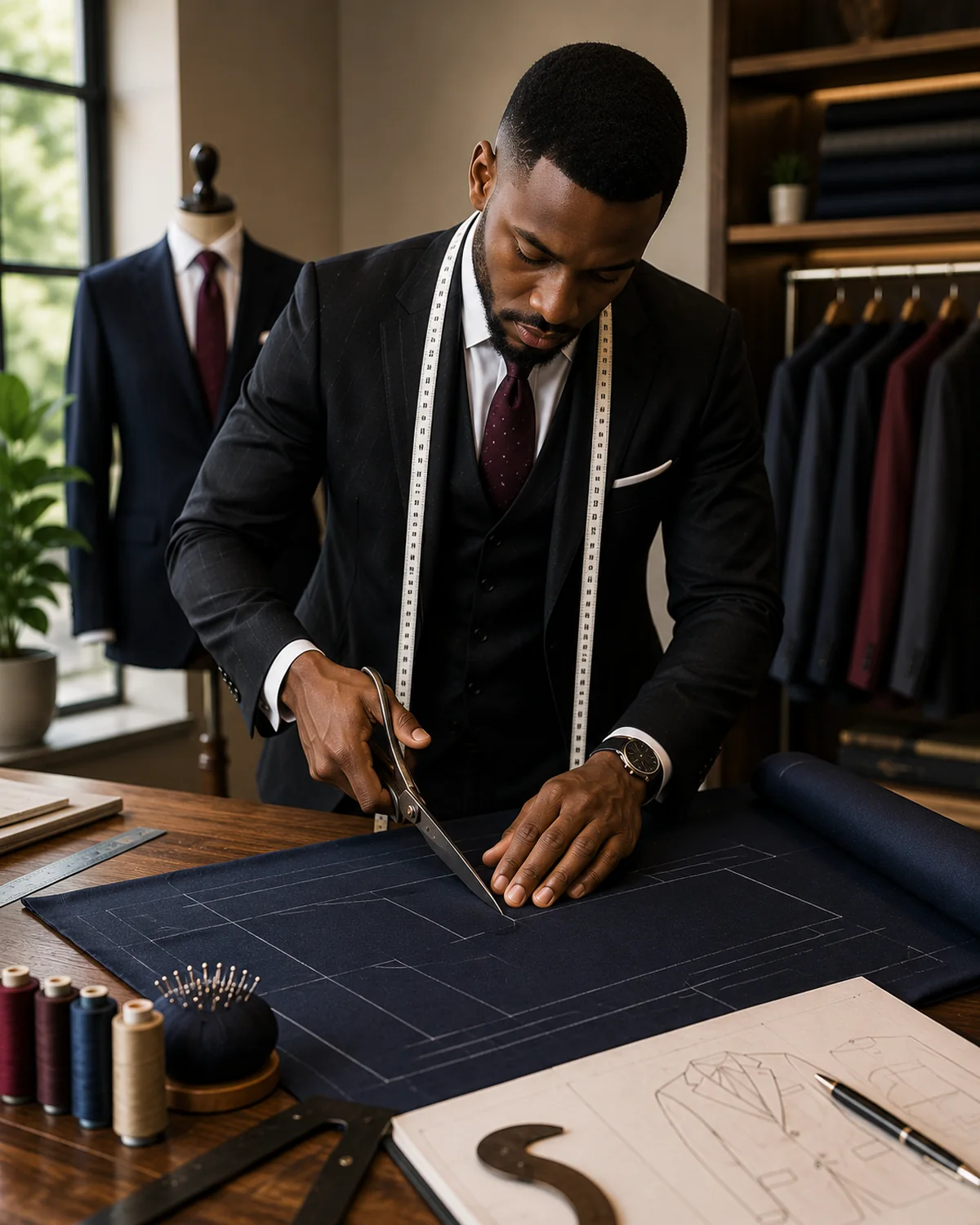 A GERS tailor cutting navy fabric from a marked suit pattern