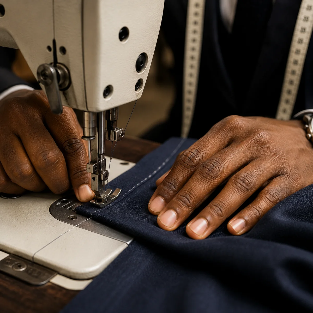 A tailor stitching navy fabric with an industrial sewing machine