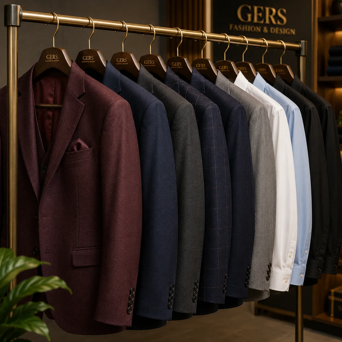 GERS suits and dress shirts displayed on a clothing rail