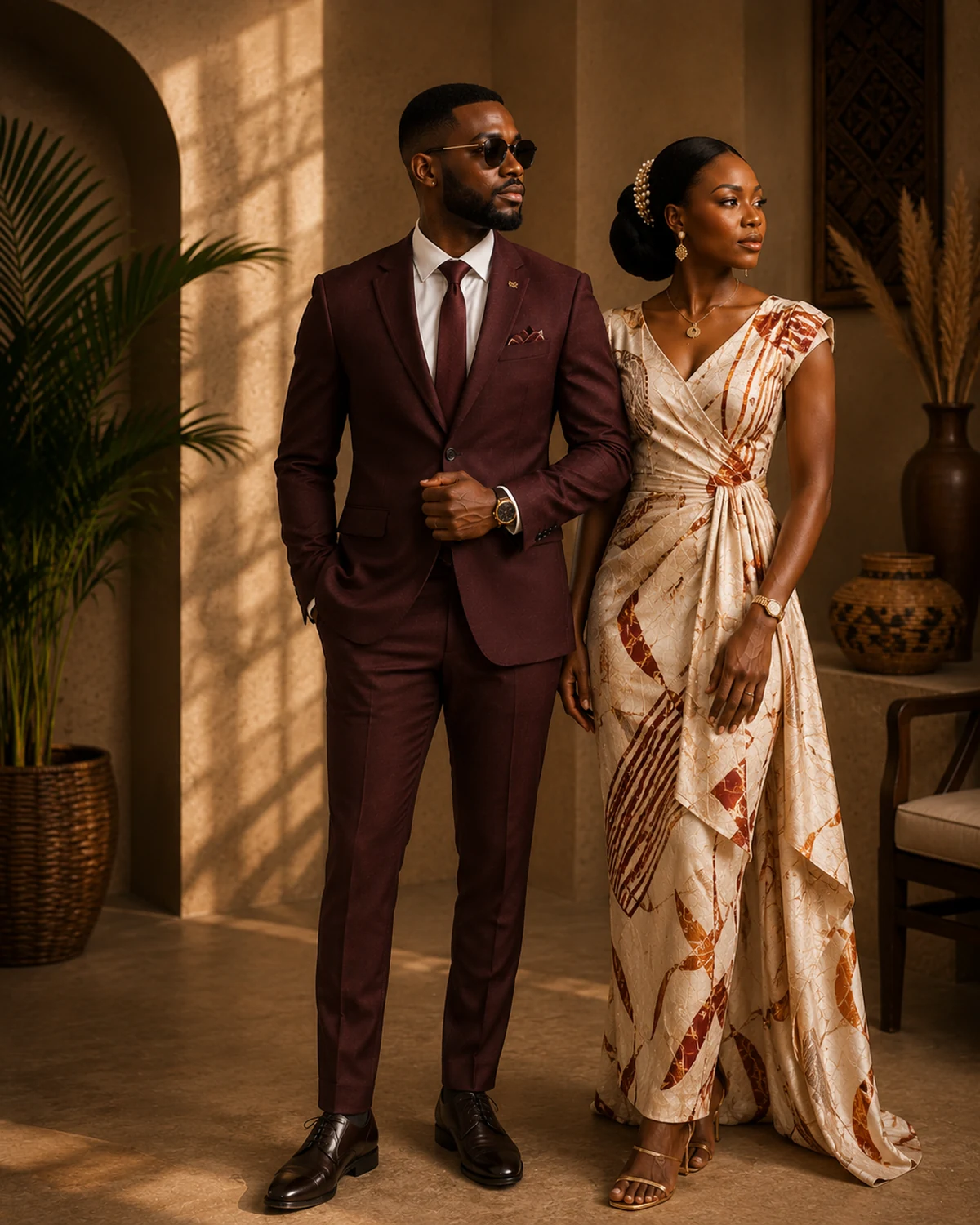 A smartly dressed couple wearing GERS formal and occasion clothing