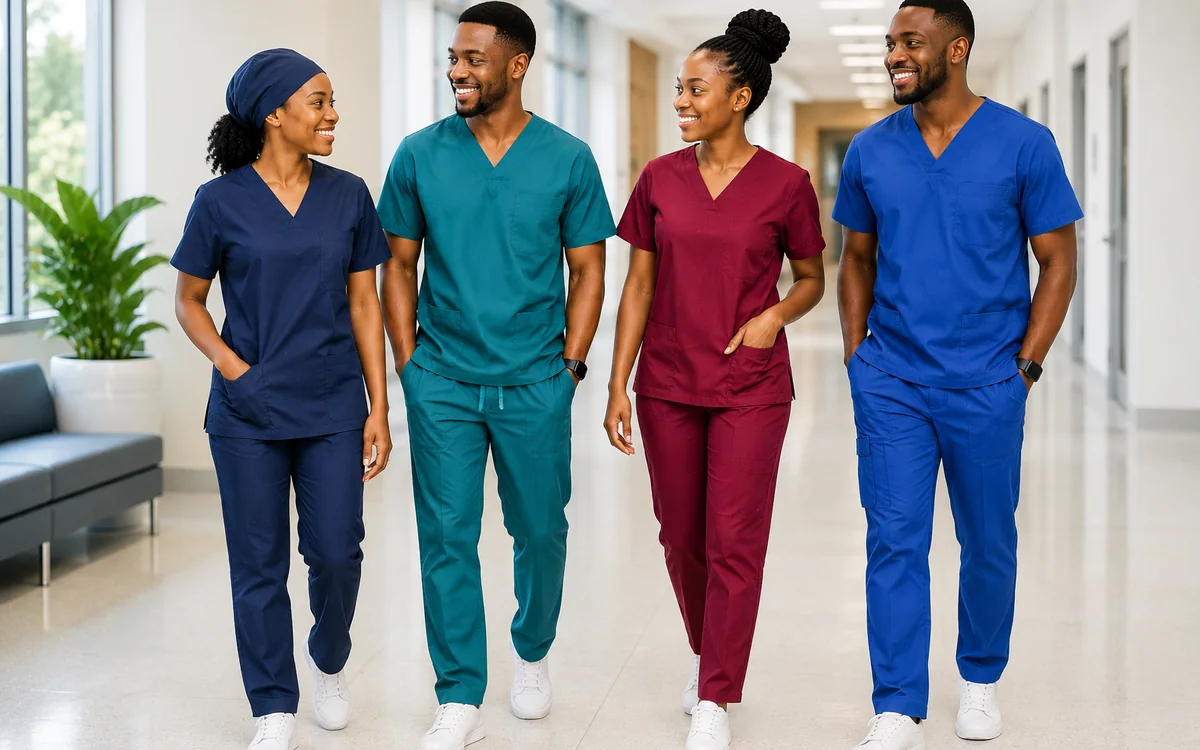 Medical professionals wearing scrubs in navy, teal, burgundy, and blue