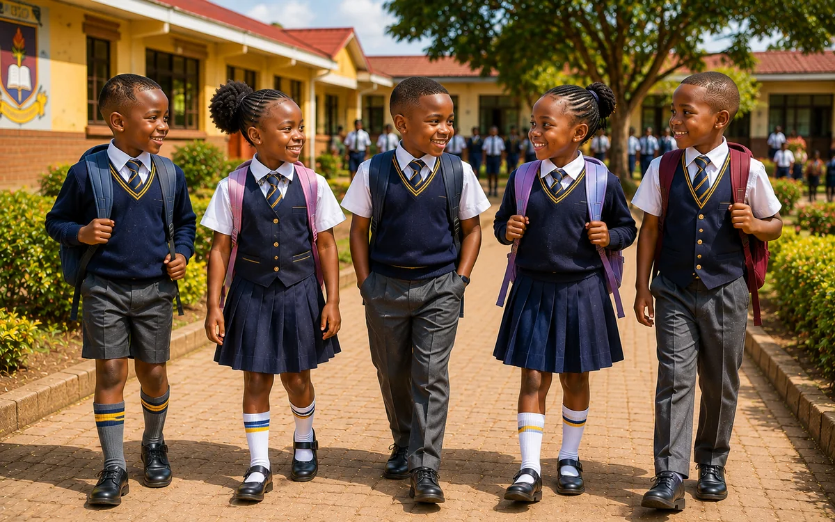 Students wearing coordinated navy school uniforms