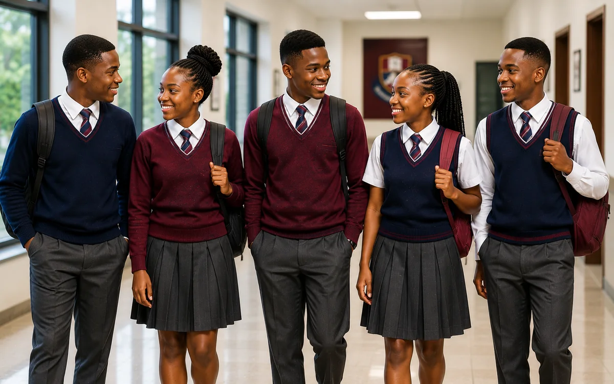 Students wearing GERS school sweaters and coordinated uniforms
