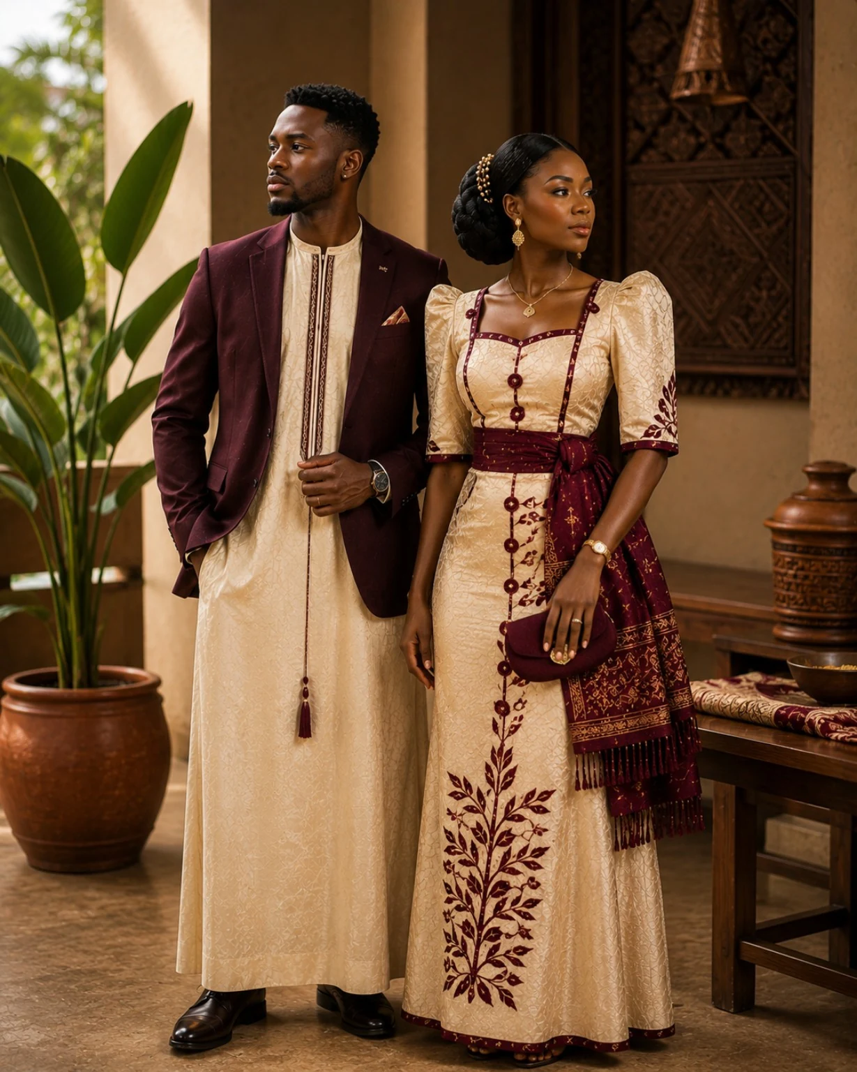 A couple wearing coordinated cream and burgundy traditional attire